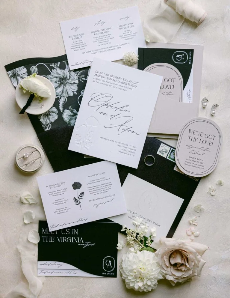 Wedding stationery, rings, and personal details arranged together