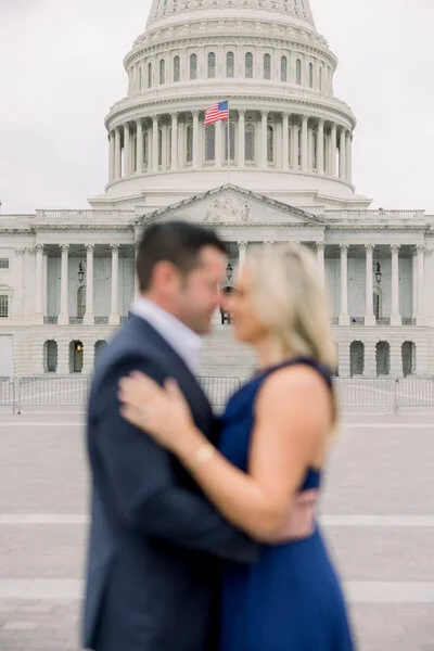 Melissa and Alex during their sunrise engagement session on the National Mall